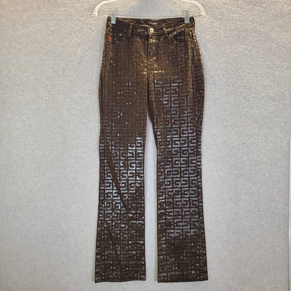 VINTAGE Guess Women Jeans 26 Black Logo All Over Glamour Pockets 90s READ